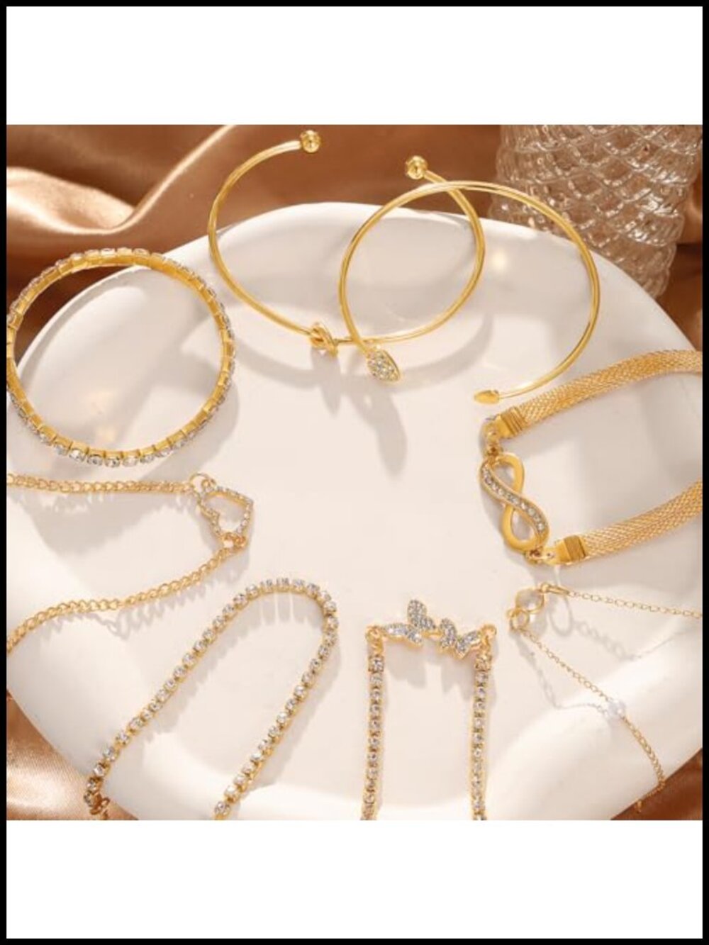 Stackable Bangle Chain Bracelet Set Adjustable Cuff Rhinestone Charm - Picture 6 of 6